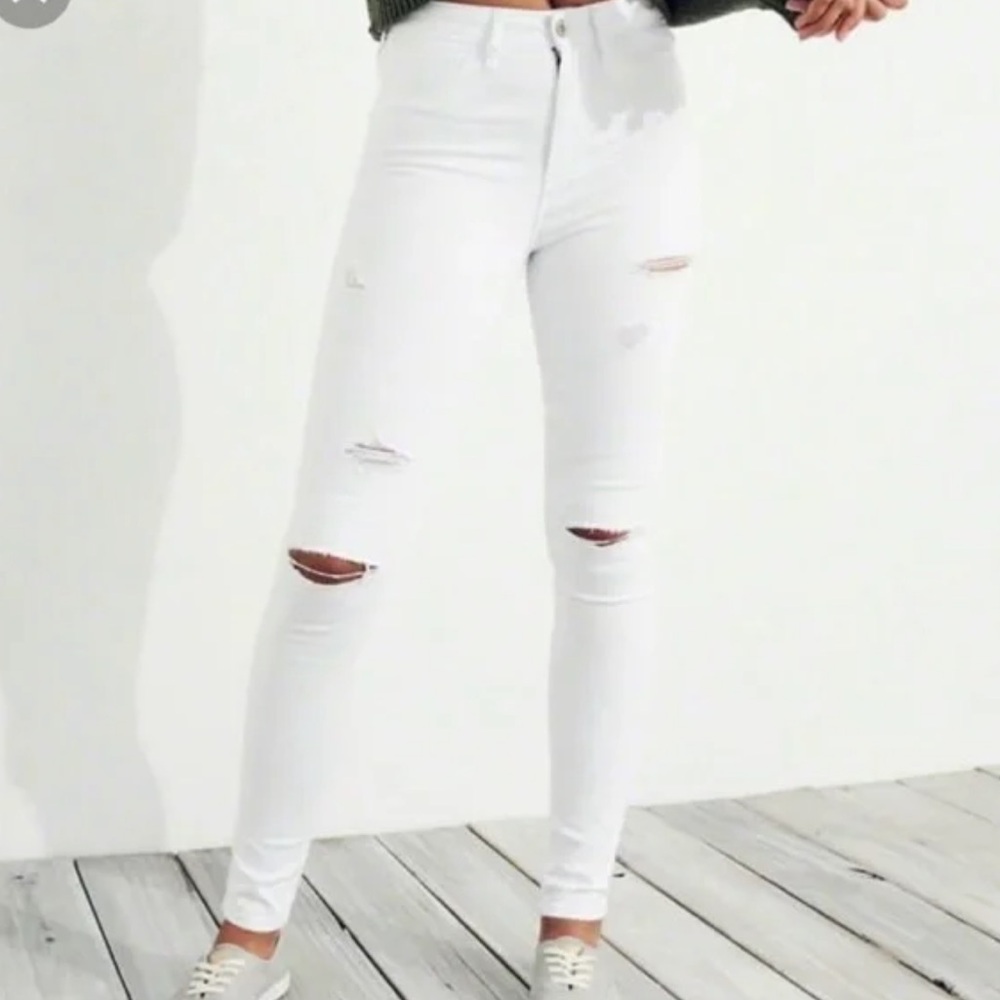 Hollister Women's High Rise White Distressed Jeans